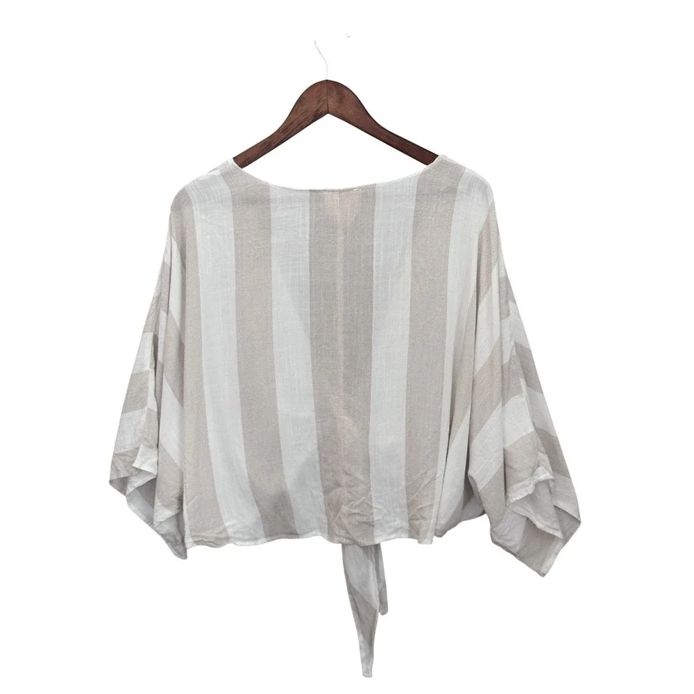 Striped Linen Blend Tie Front Crop Top Medium Boho Cottagecore